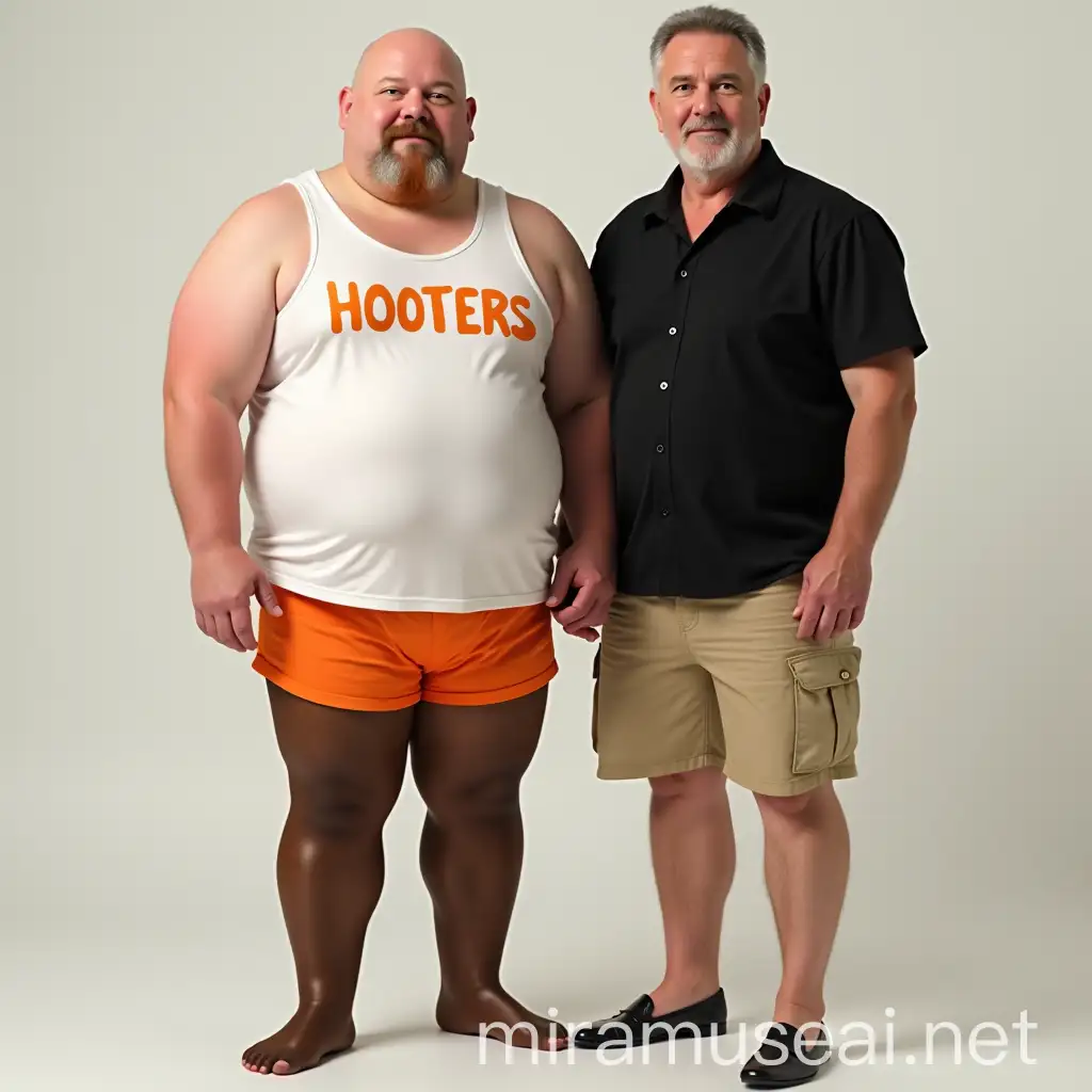 full body image (head to toe) of two men in love, both facing camera, one man is 50 years old, short, bald, round face, chubby, with small reddish-grey goatee, wearing white tank top with orange writing'H00TERS' shirt, and shiny brown pantyhose, orange shorty shorts no shoes, pantyhose covered feet. the other man is 55 years old, tall, stocky short grey hair parted on side, black short sleeve button down shirt and tan shorts