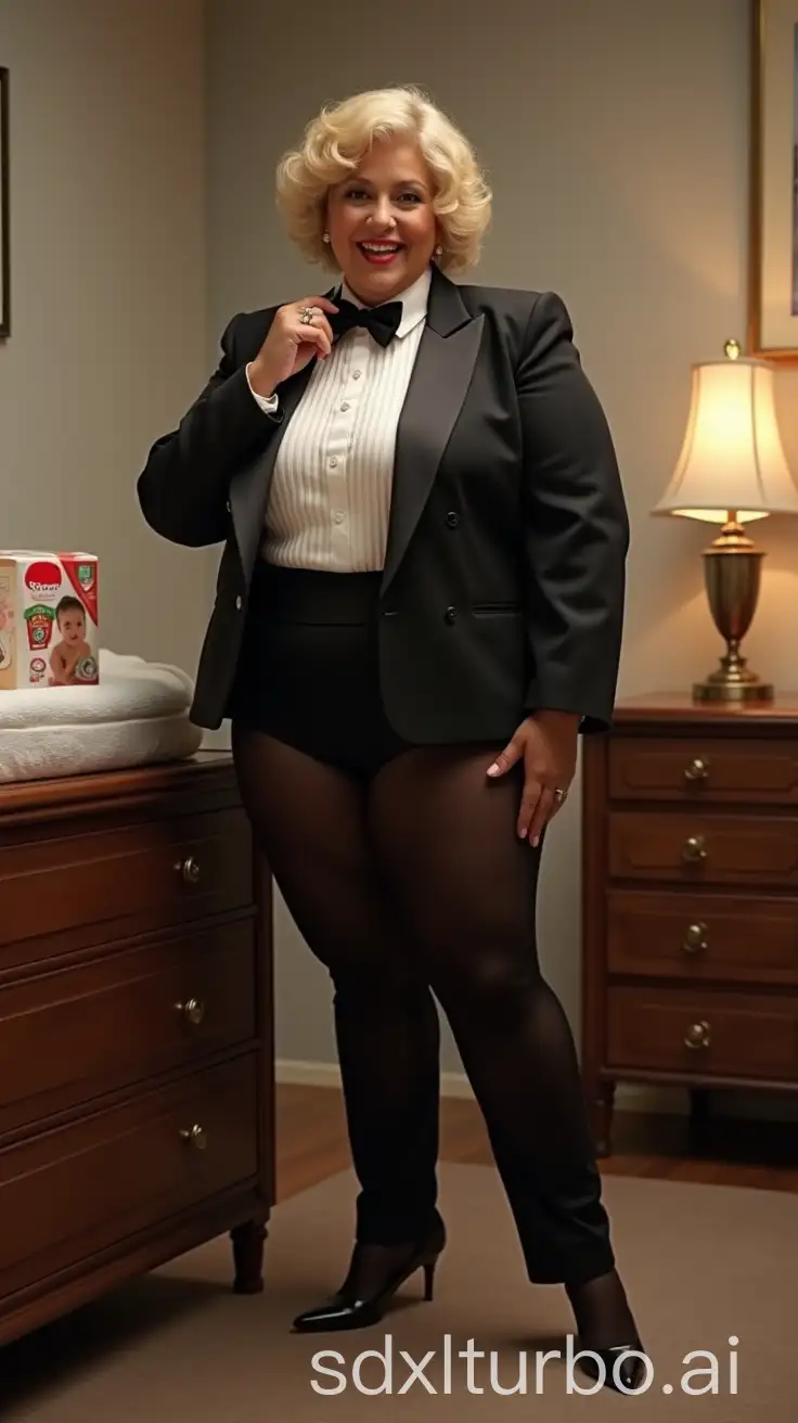 FullBody-Portrait-of-a-Woman-in-Formal-Tuxedo-at-a-Nursery-Changing-Table