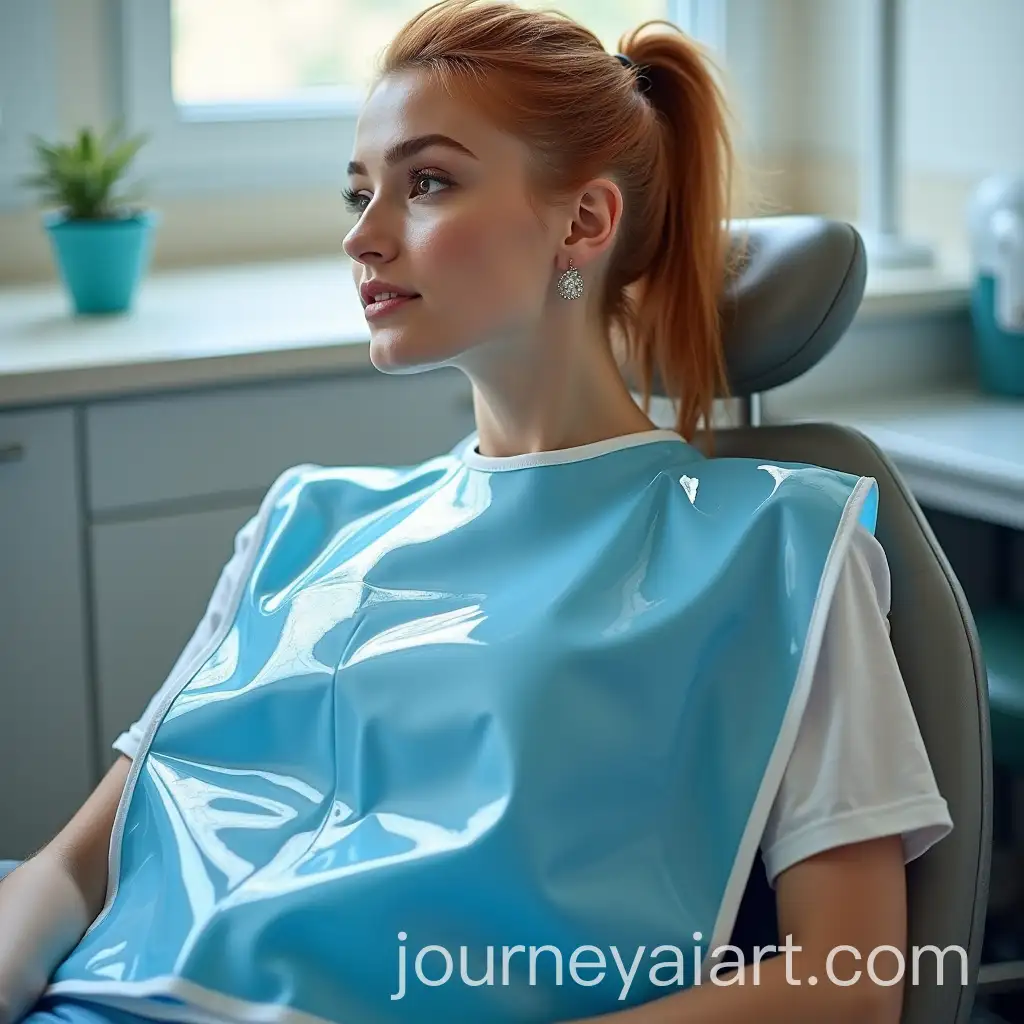 30YearOld-Woman-in-Stylish-Outfit-Wearing-Transparent-Blue-PVC-Mealtime-Bib-at-Dentists-Office