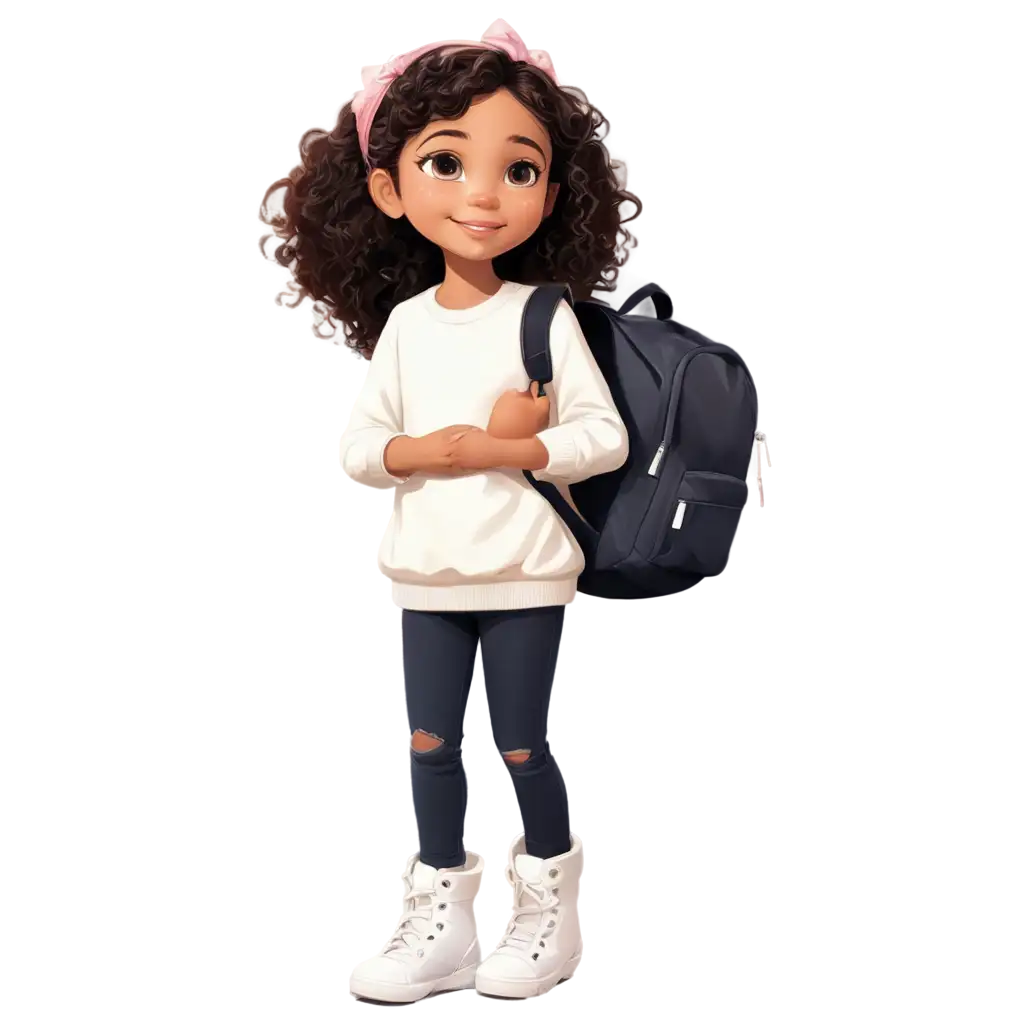 a small very beautiful girl with sparkling eyes. a beautiful hairstyle with white bows on her head. wearing a white sweater with sequins and jeans. with white boots on her feet. sitting on a stack of books. with a black backpack over her shoulder. holding a bouquet of autumn leaves. cuteness, happiness, pleasure. on a white background. computer graphics. illustration. clear detailing. juicy, bright. does not exceed the boundaries. in the distance