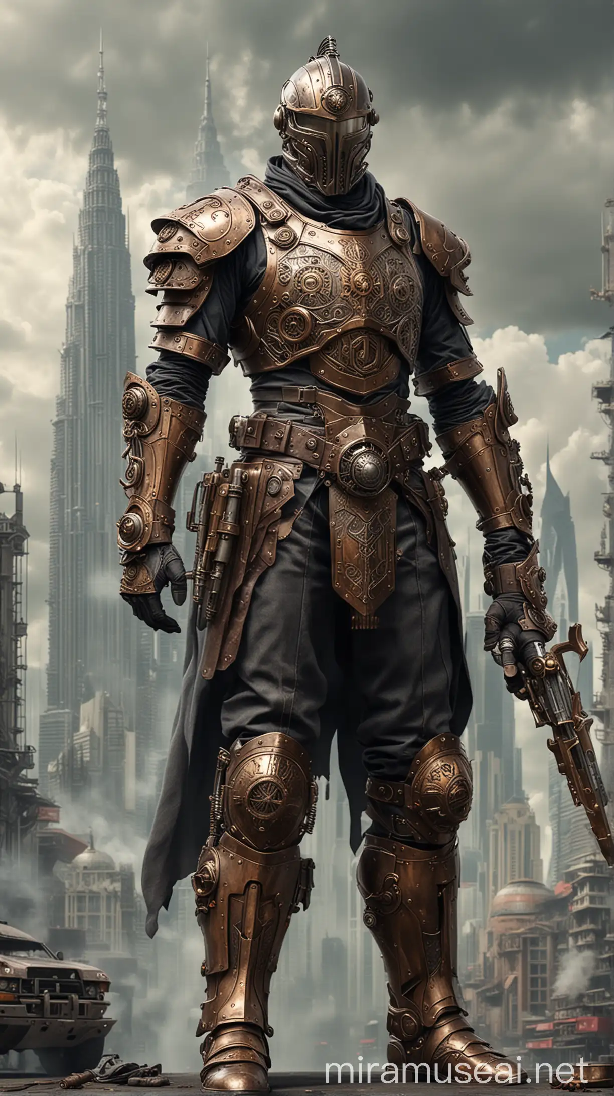 Steampunk Malaysia Knight with Laser Sword in Futuristic City