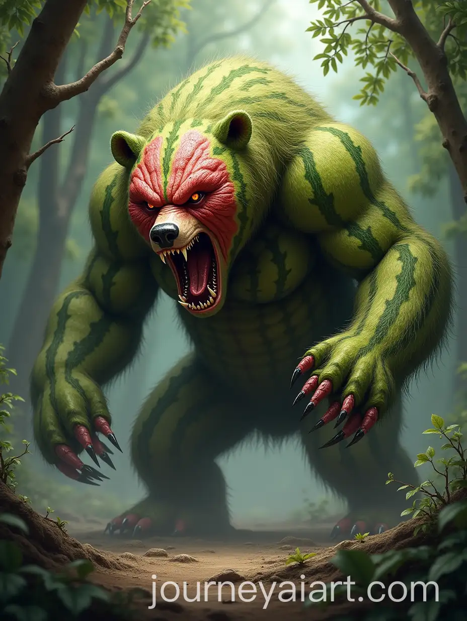 Fierce-Hybrid-BearWatermelon-Creature-in-Misty-Forest