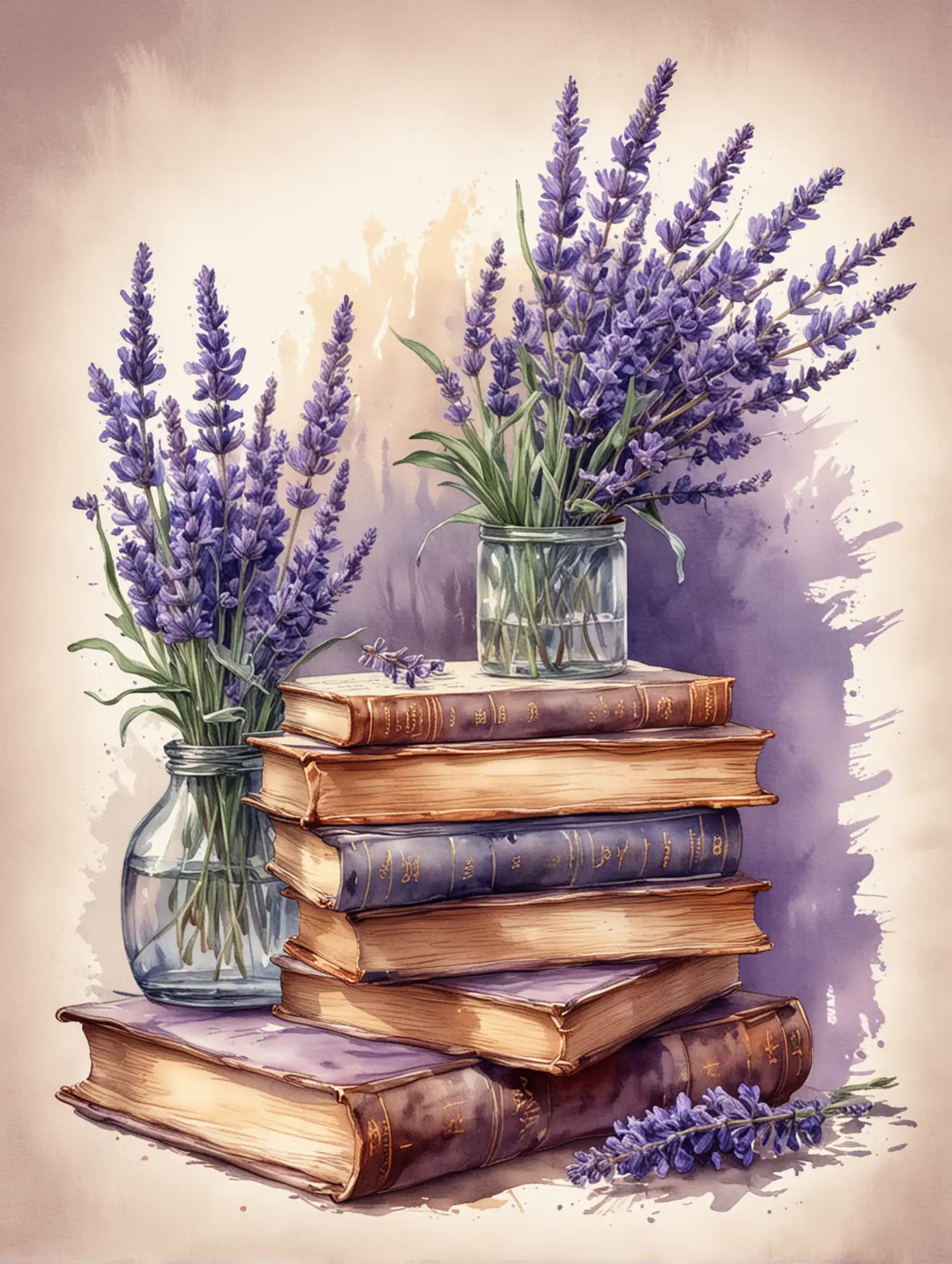 Lavender-and-Books-Watercolor-Drawing-with-Detailed-Sketch