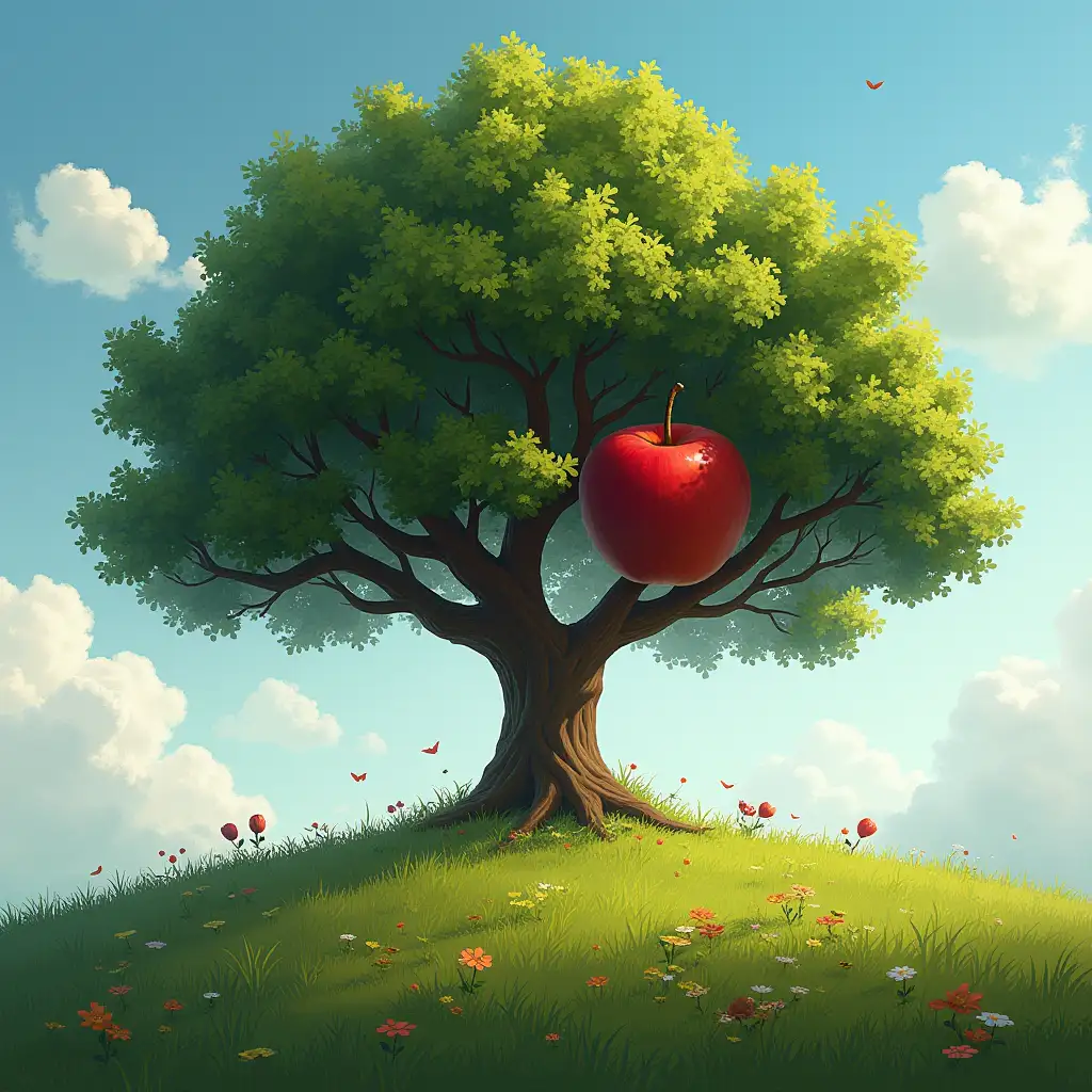 A big tree has a red apple, distant view