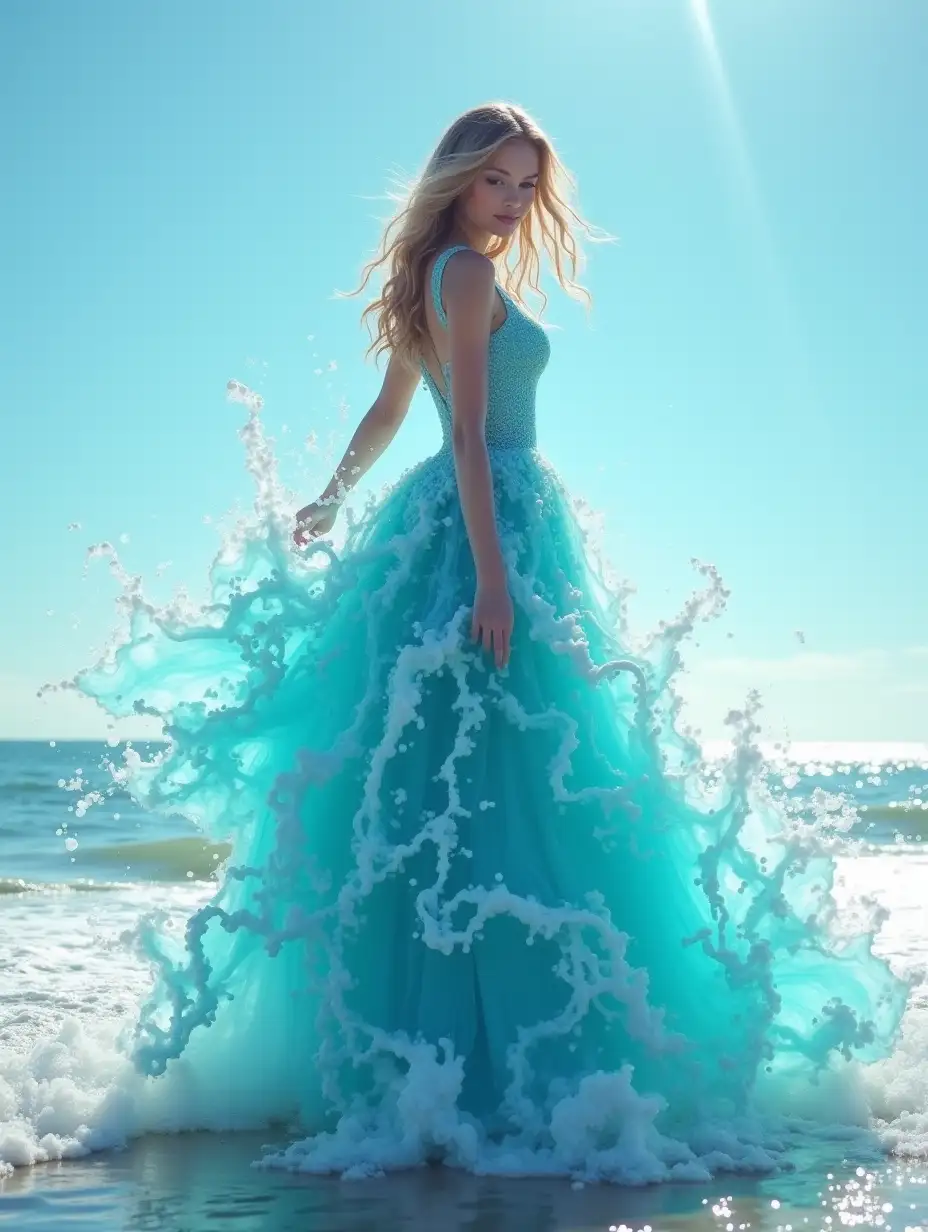 A stunning and surreal image of a girl wearing an intricate aqua dress made entirely of water waves, creating a mesmerizing and visually striking effect. The girl is shown in a graceful pose on the beach, and the water seems to be cascading over her body dramatically. This is caused by the waves crashing into her. This image can be created using the following vector: Woman in an intricate aqua dress made entirely of water waves, by Dmitry Kostanovich, Photoshop, Felicia Semyon, UHD image, Ekaterina Panikanova, Shiny and sparkling, HDR, Dynamic mode, 32 KB, Sharp focus, Illustration. by Sasan.