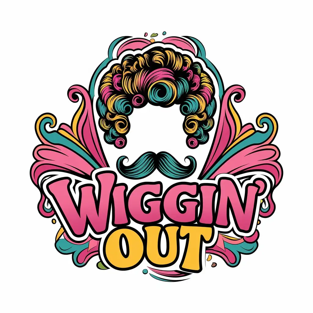 LOGO Design for Wiggin Out Curly Wig Mustache Colorful Fun and Fancy Theme