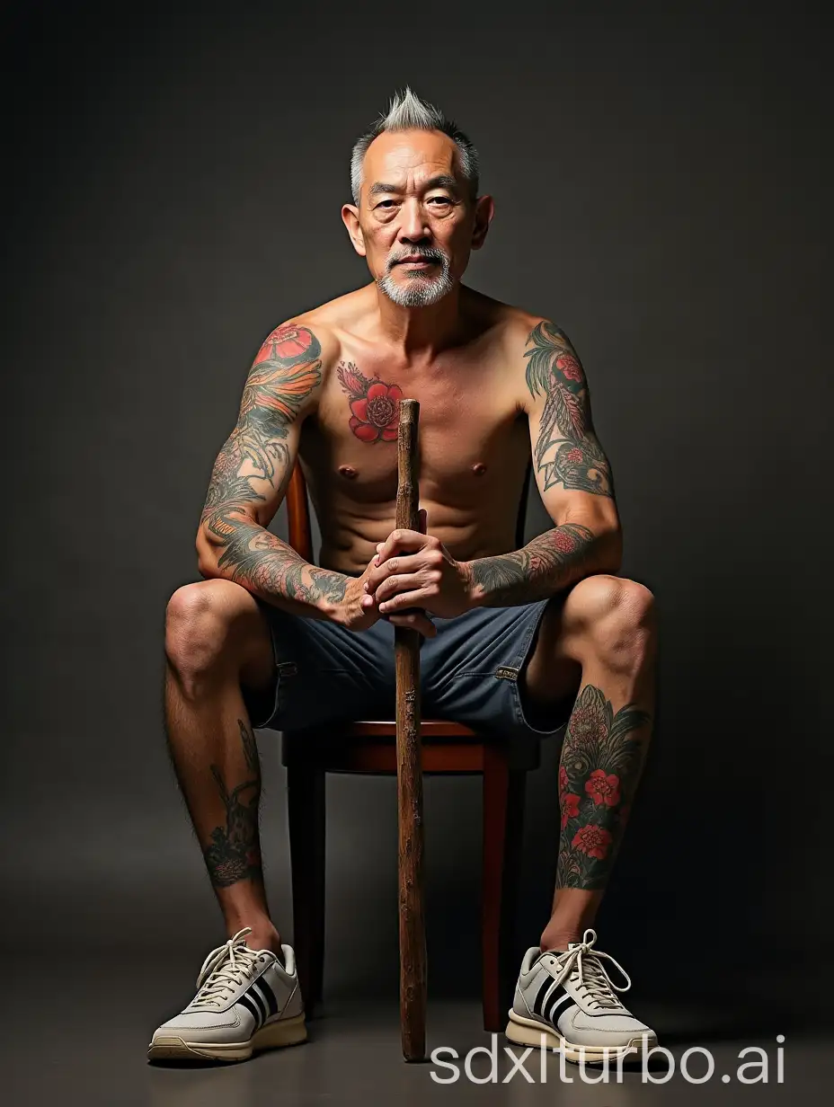 a 40 years old man (indonesian), shirtless, wearing short jeans pants and adidas sneakers, full body Japanese Yakuza tattoo, colorful tattoo, holding a stick, sitting on the chair, facing towards camera