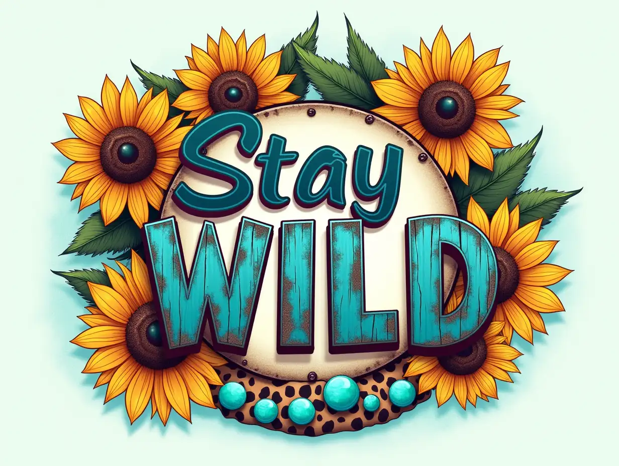 Stay Wild typography design featuring bold, vibrant letters in a mix of textures and patterns. The word 'WILD' should be prominently displayed with a blue weathered wood finish, a rust-colored industrial look, a caramel leopard print, and a colorful tribal pattern. Surrounding elements include a wreath of bright sunflowers and turquoise decorative stones, creating a joyful, bohemian style. The background should have a soft aqua hue with subtle leopard print fading in, enhancing the overall lively aesthetic. The composition combines elements of modern graphic design with vintage flair, evoking a fun and adventurous spirit.