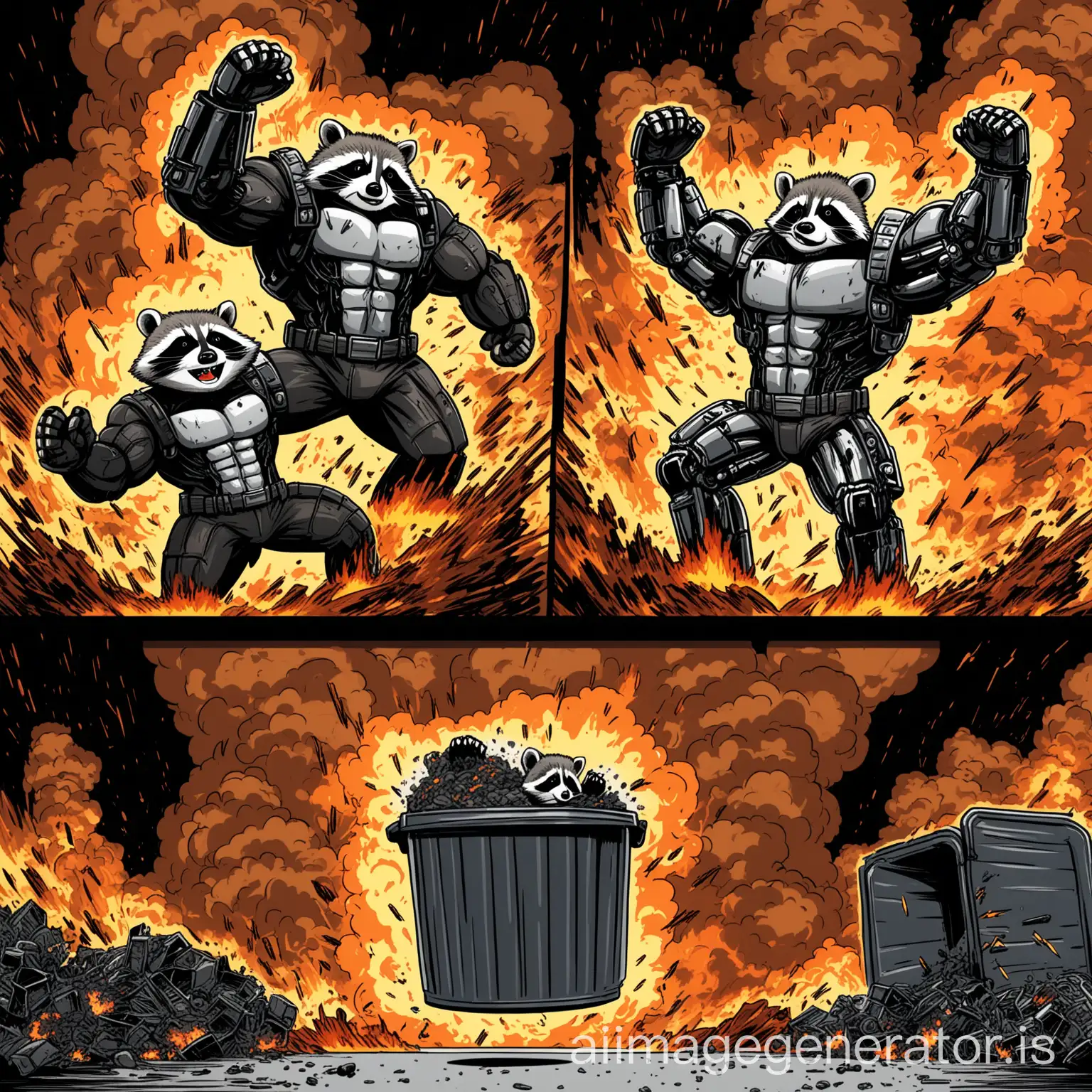 in this image there is a raccoon with the appearance of a Terminator he is lifting a large trash can with his two arms, there are lightning and smoke, there is fire and explosions, comic style, HD quality, BD