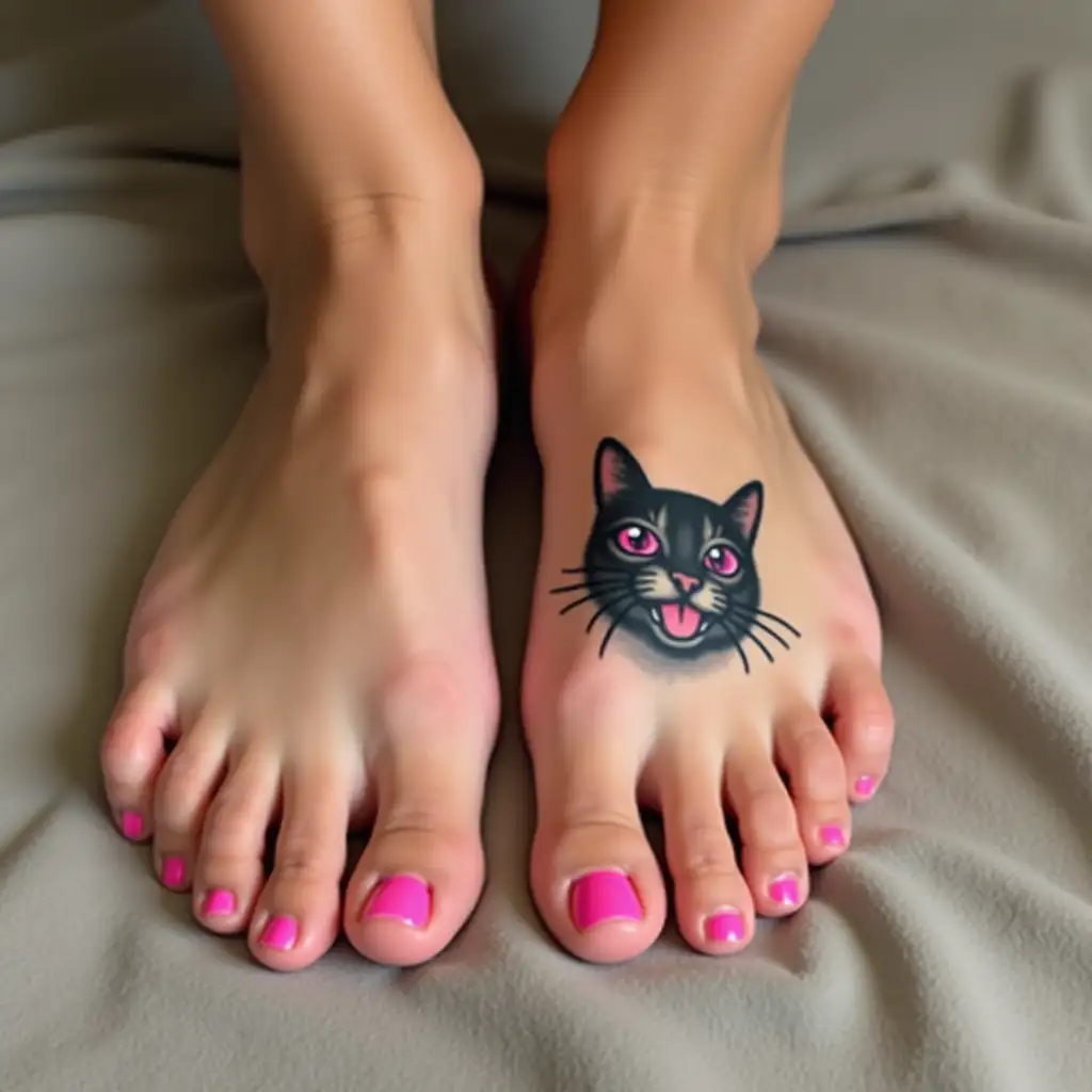 CloseUp-of-a-Ladys-Feet-with-Pink-Toenails-and-Cat-Tattoo-on-Right-Foot