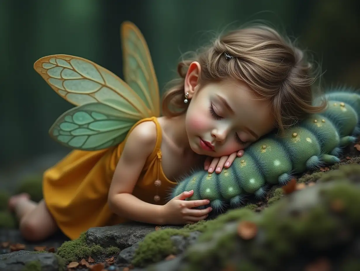 Fairy Child Sleeping on a Fuzzy Caterpillar Pillow