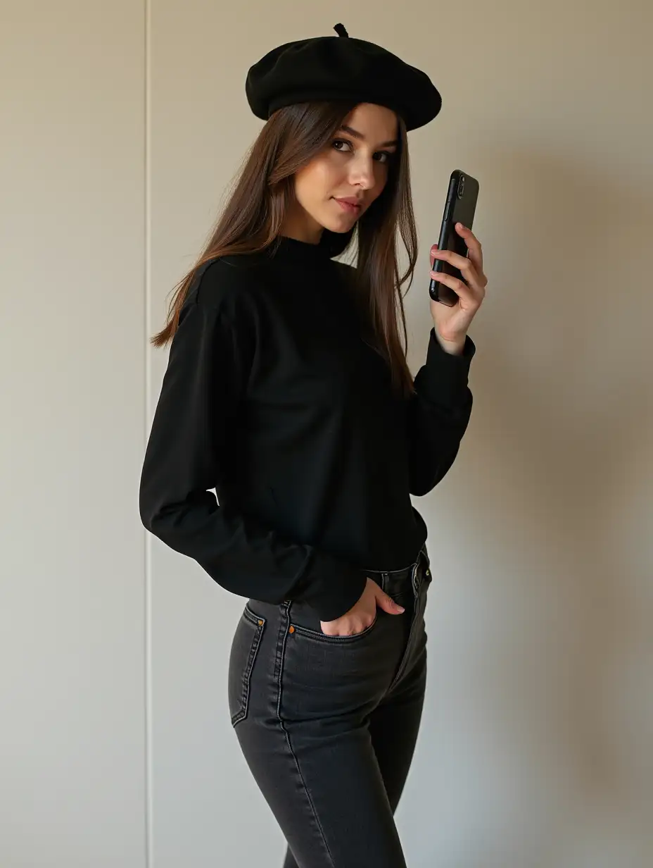 a black top with long sleeves, black skinny jeans, medium brown straight hair, brown eyes, black sneakers, a beret, phone