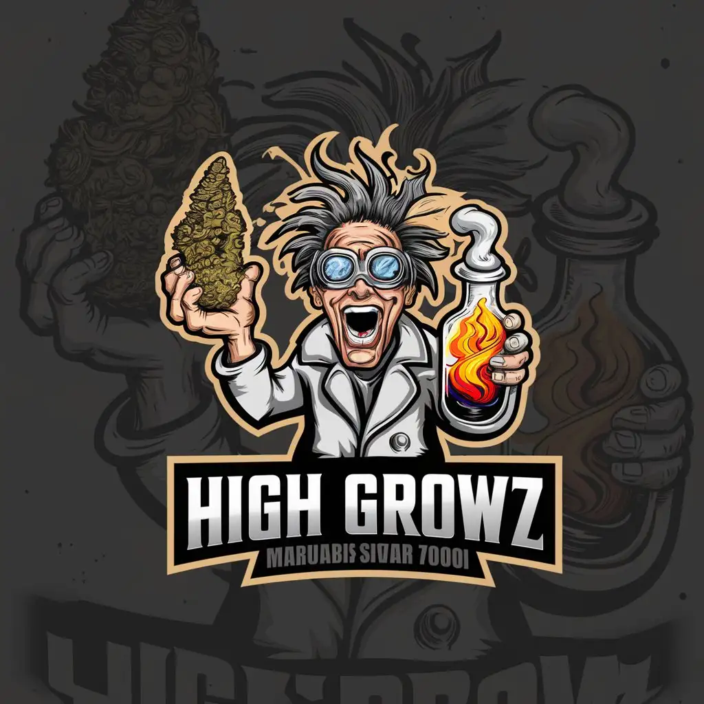 LOGO Design for High Growz Mad Scientist with Cannabis Nug and Vial Symbol with Smoke or Fire