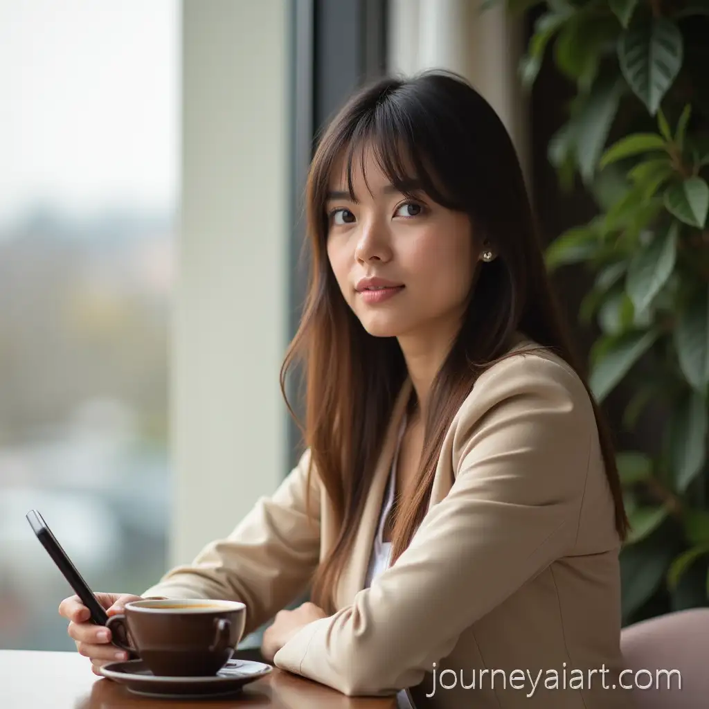 Brunette-Woman-in-Beige-Suit-Sitting-by-Window-with-Coffee-and-iPhone