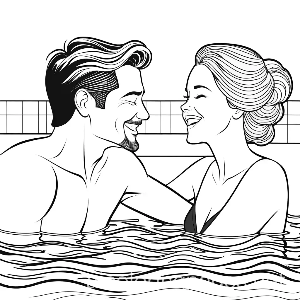 couple giggling in the pool, Coloring Page, black and white, line art, white background, Simplicity, Ample White Space