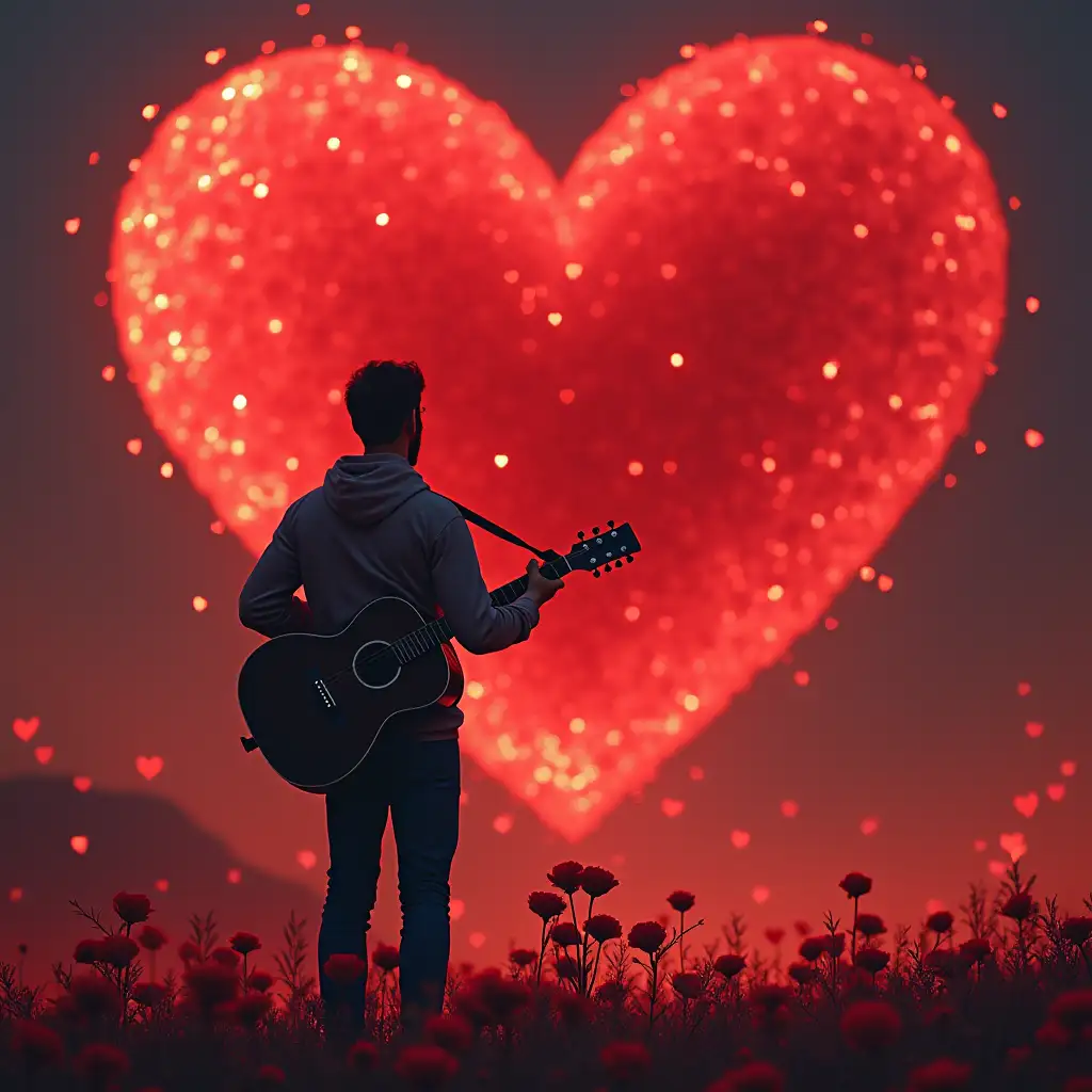 Man holding guitar in love. waiting for gift on valentine day.. colourful image & Red rose & big heart in background