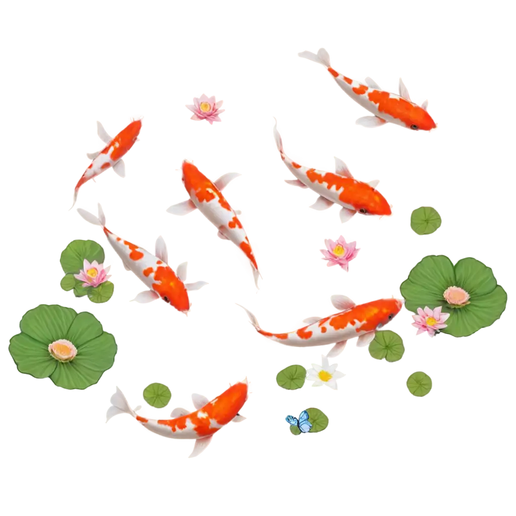 Vibrant-PNG-of-Koi-Fish-in-a-FastFlowing-River-with-Lotus-Flowers-and-Butterflies-A-Stunning-Nature-Scene