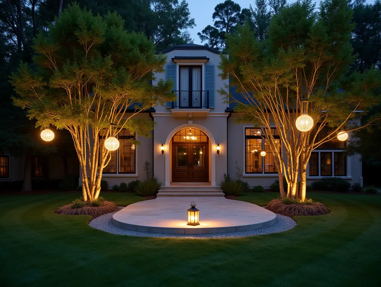 Face turning into building with silver stone and illuminated trees with illuminated hanging balls with roots and lantern on a lawn with view to the viewer