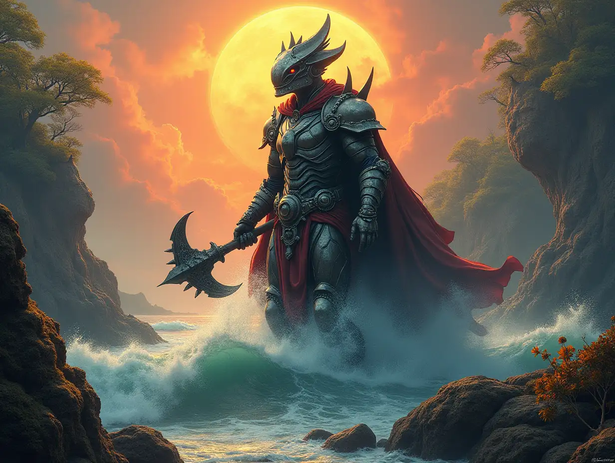 Hyperrealistic portrait of a gpanzerter metal alien king 15 meters tall with an ax in the sea with waves on a rock with plants on a elaborately detailed, colorful forested planet with sun as background