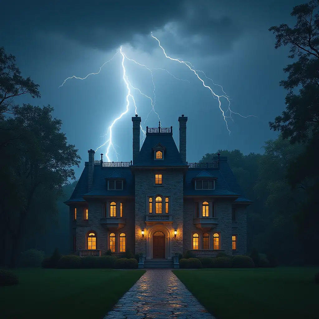 Thunder and rain on a mansion