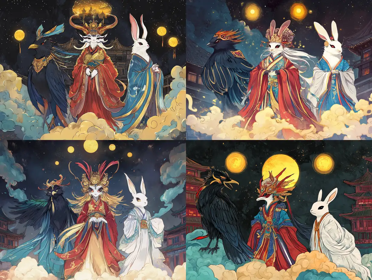Three-Mythical-Creatures-in-Chinese-Imperial-Hanfu-on-Colorful-Clouds