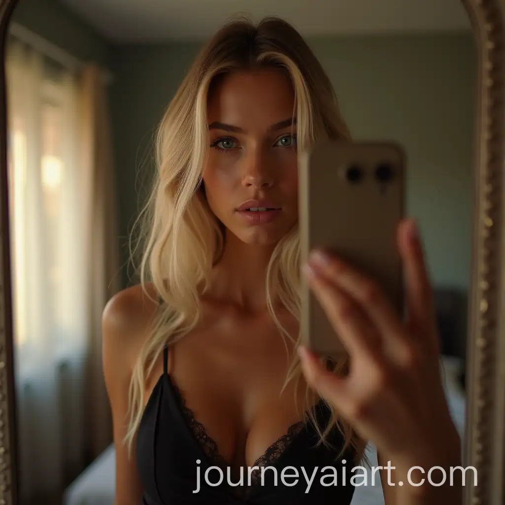 Confident-Young-Woman-in-Black-Dress-Taking-Mirror-SelfAI-Image-Prompt-Expansionie-in-Modern-Bedroom