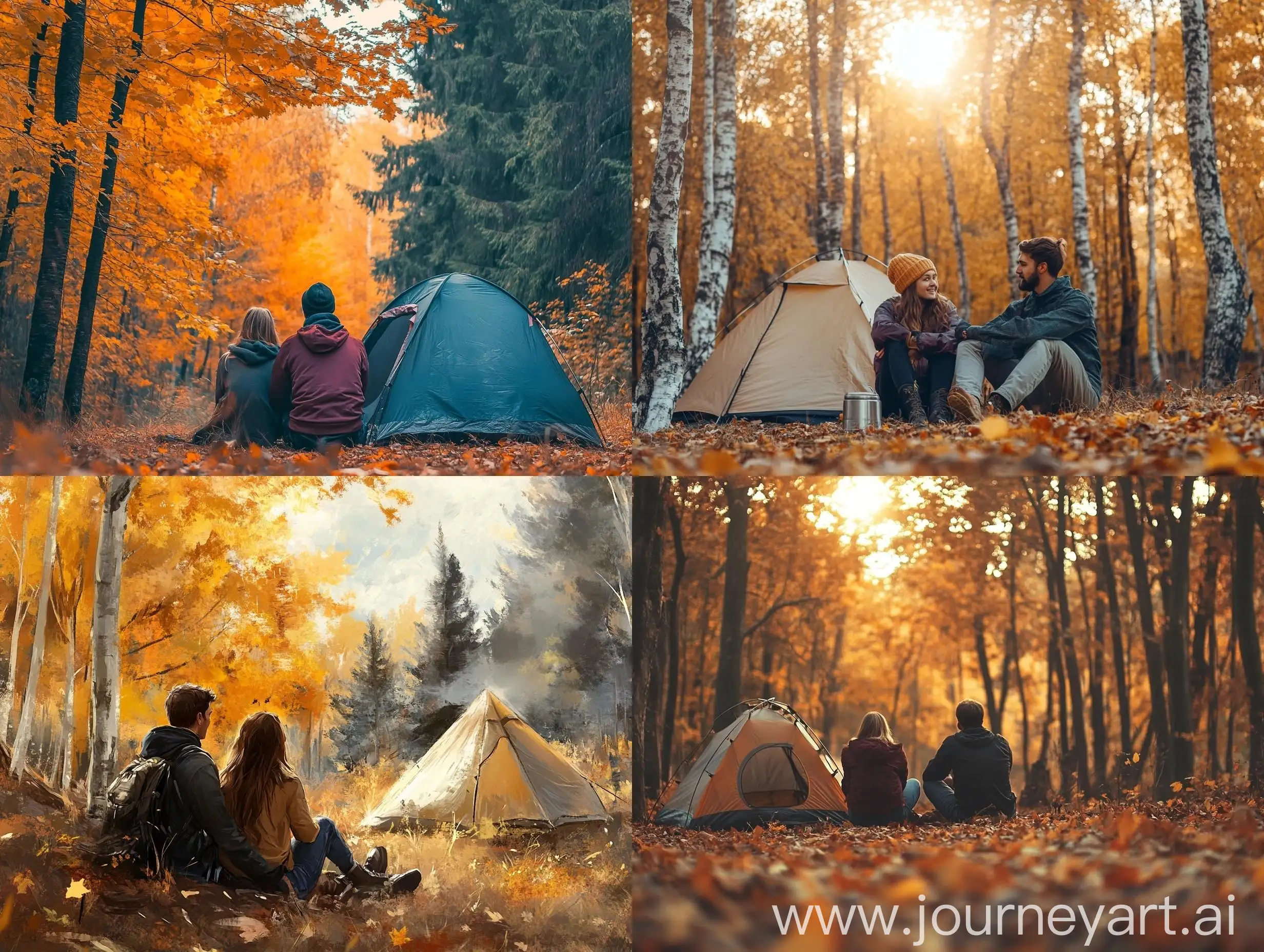 Couple-Sitting-Near-Tent-in-Autumn-Forest-Gazing-into-Distance