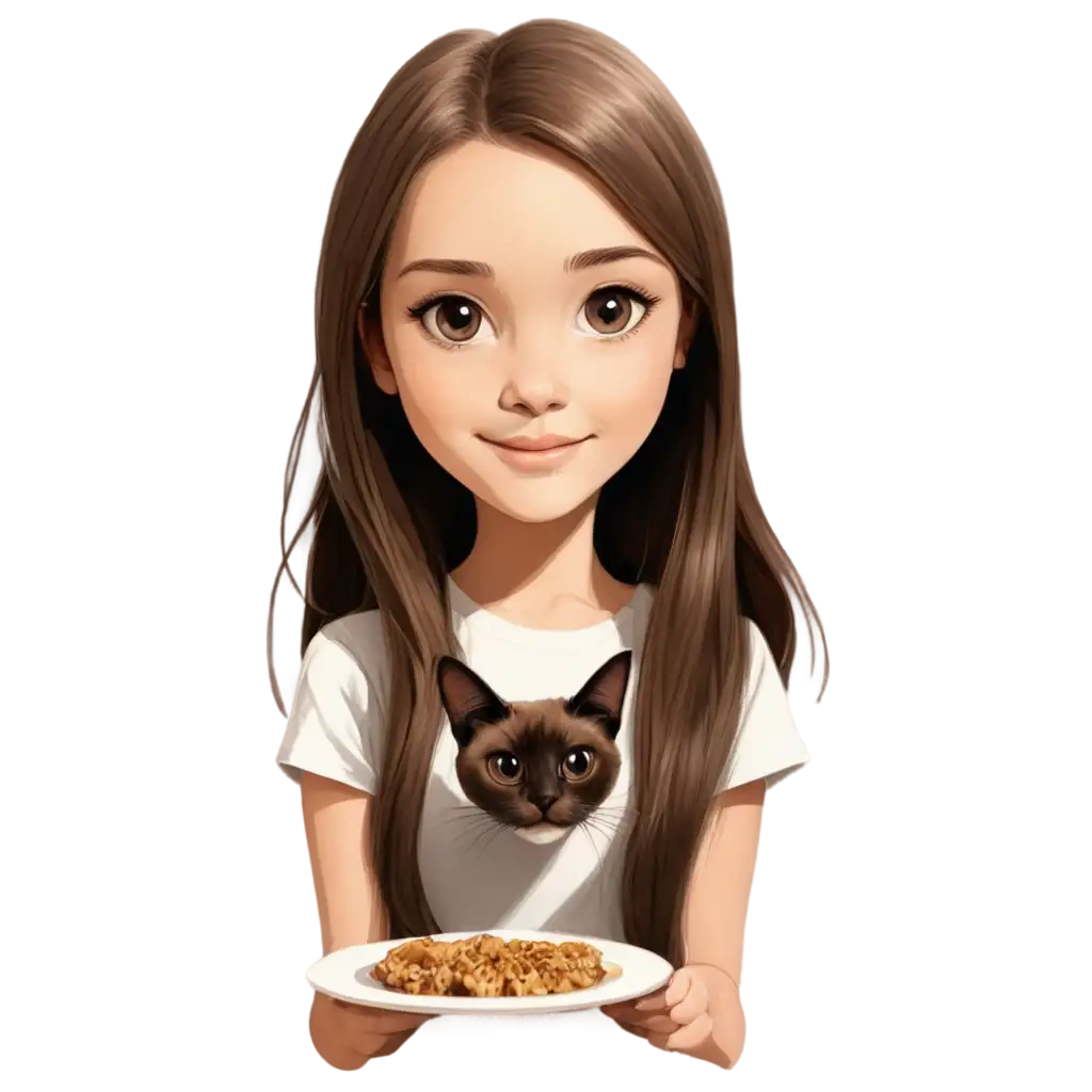 drawing of a 11 year old white girl, brown straight hair and long, brown eyes with a Siamese cat and a plate written Sophia