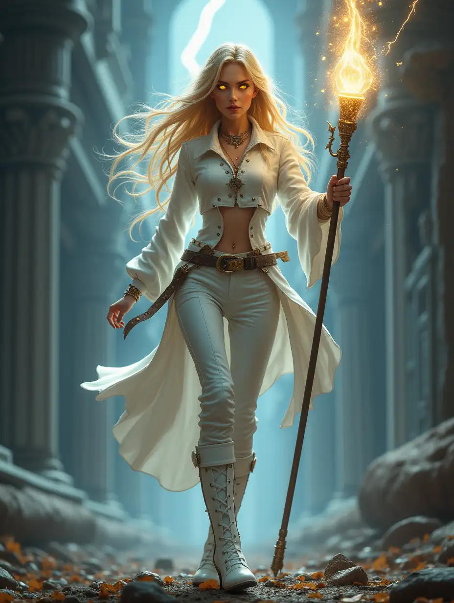 pretty young female sorceress, long golden hair, luminous golden eyes, white leather shirt, white leather pants, high heel white leather boots, highly detailed, casting thunder spell, short staff, full body shot, frontal shot