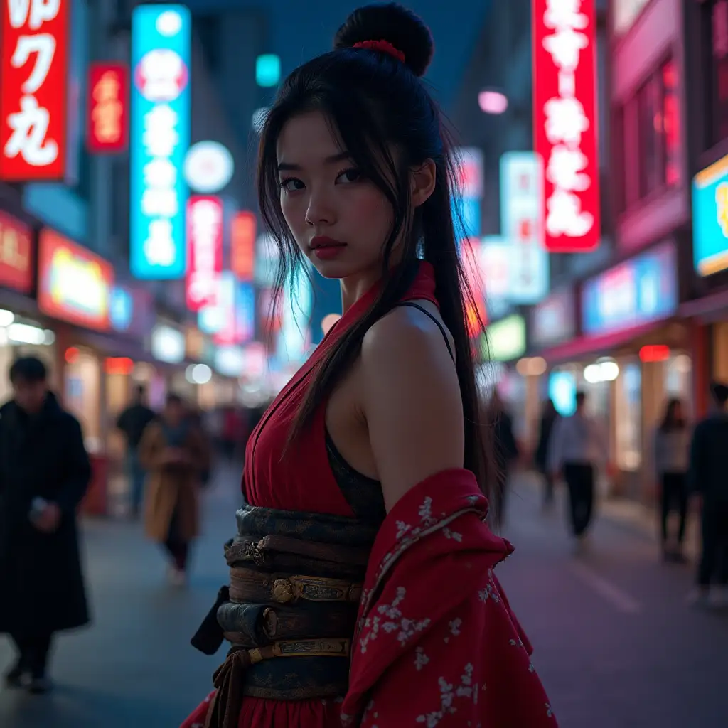 Beautiful-Female-Japanese-Warrior-in-NeonLit-City-Street-at-Night