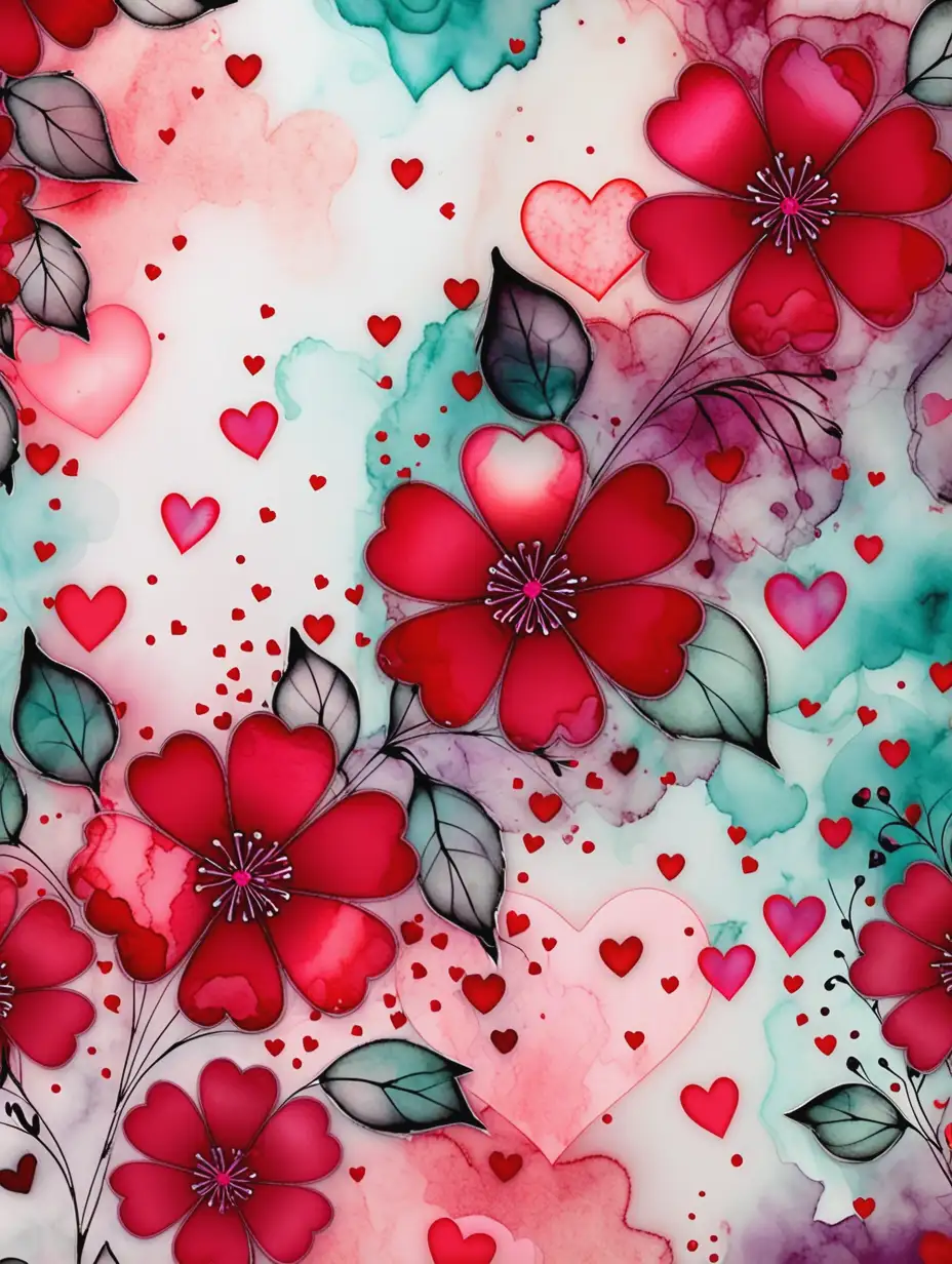 Beautiful Valentines Day Scrapbook Paper with Alcohol Ink Background and Floral Accents