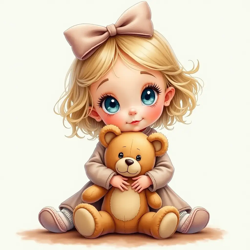 modish Disney style, Postcard of the 60s, (beautiful girl, two years old with big blue eyes and long eyelashes:1.3), in his hands sits a teddy bear, watercolor airbrush in the style of Mikhail Garmash