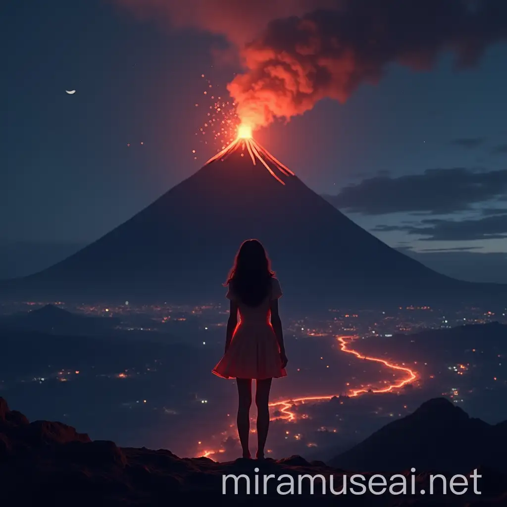 Woman Watching Volcano at Midnight Cinematic View