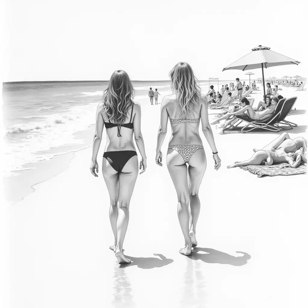 Two-Women-Walking-Out-of-the-Ocean-with-Crowded-Beach-Scene-in-Black-and-White-Watercolor