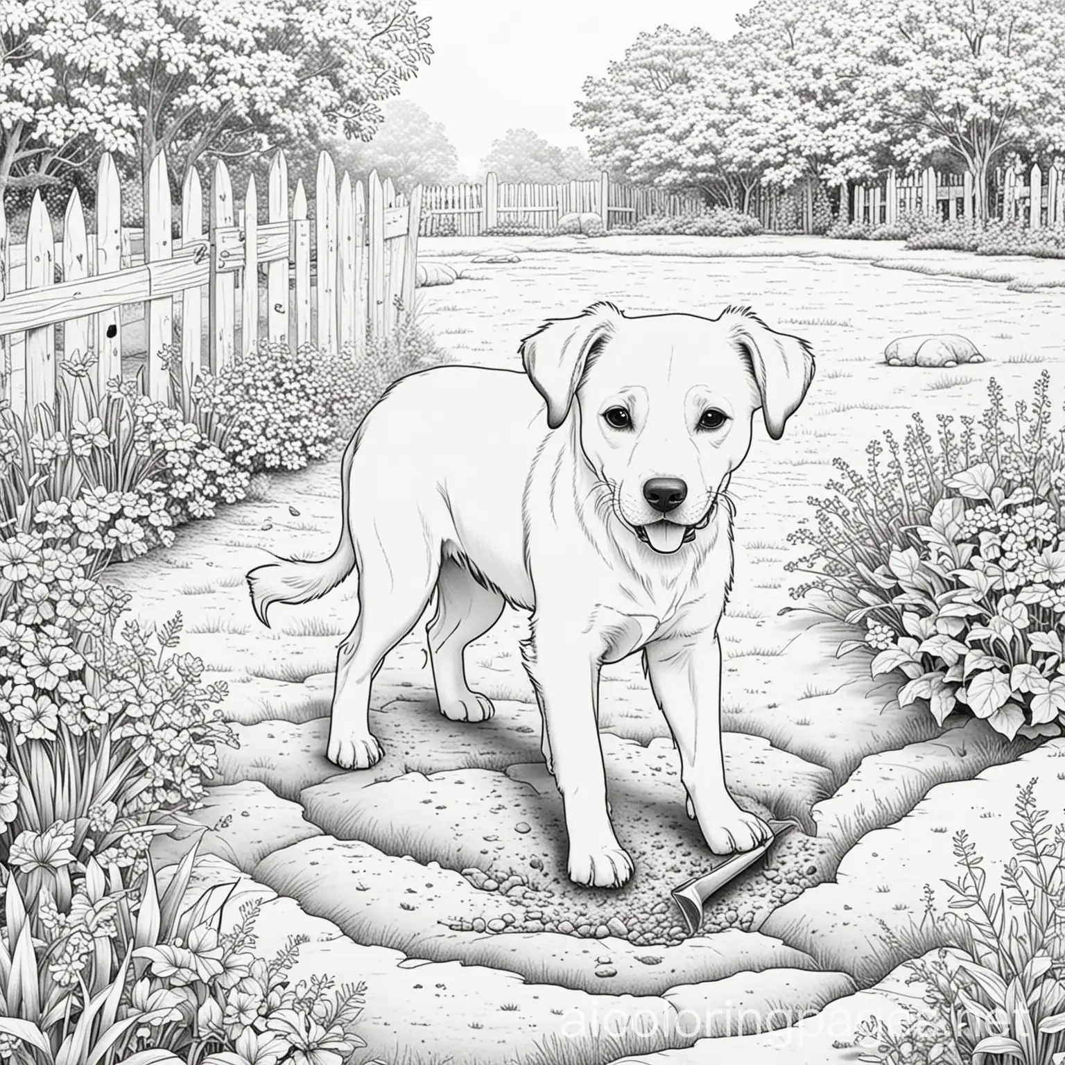 Dog-Digging-in-Yard-Coloring-Page-Black-and-White-Line-Art