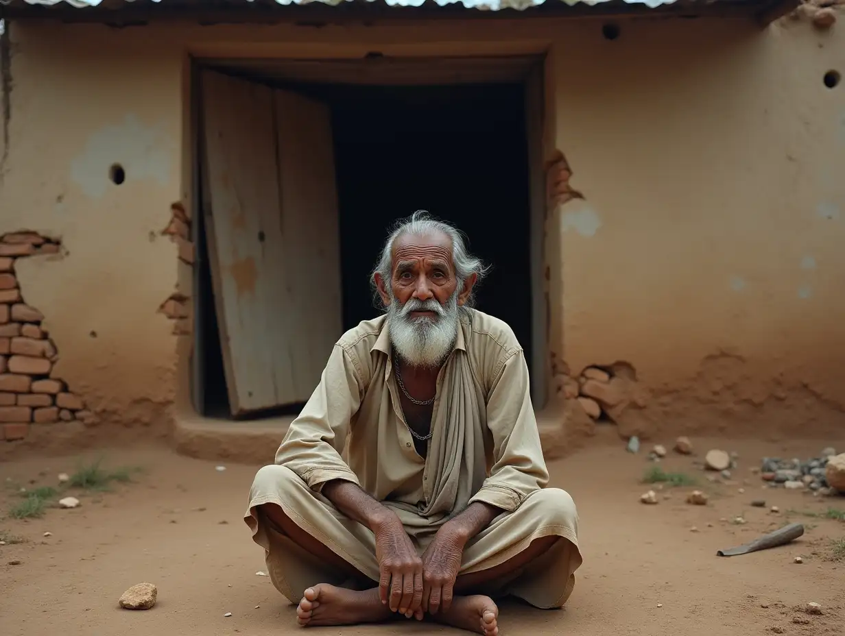 An elderly Indian man with a weathered face and gray beard, wearing worn-out traditional clothes like a dhoti and kurta, sitting on the ground in front of a dilapidated rural house made of mud and bricks. His posture is slouched, hands resting on his knees, and his eyes reflect sadness and hardship. The house behind him has cracked walls, a rusted tin roof, and a broken wooden door. The setting is dusty and dry, with muted earthy colors and soft, melancholic lighting, realistic style.