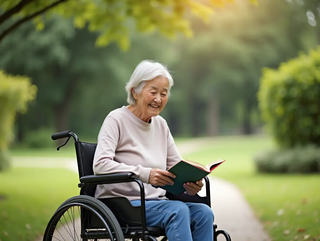 Asian senior woman sitting on the wheelchair and reading book in the park garden smile and happy face