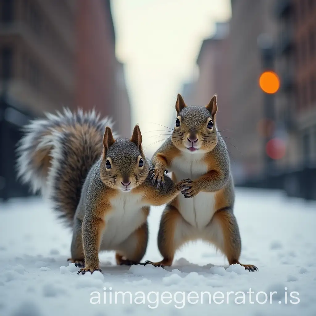 a squirrel with 1 arm walking down the streets of new york city hes getting carryed by another squirrel and its also the winter