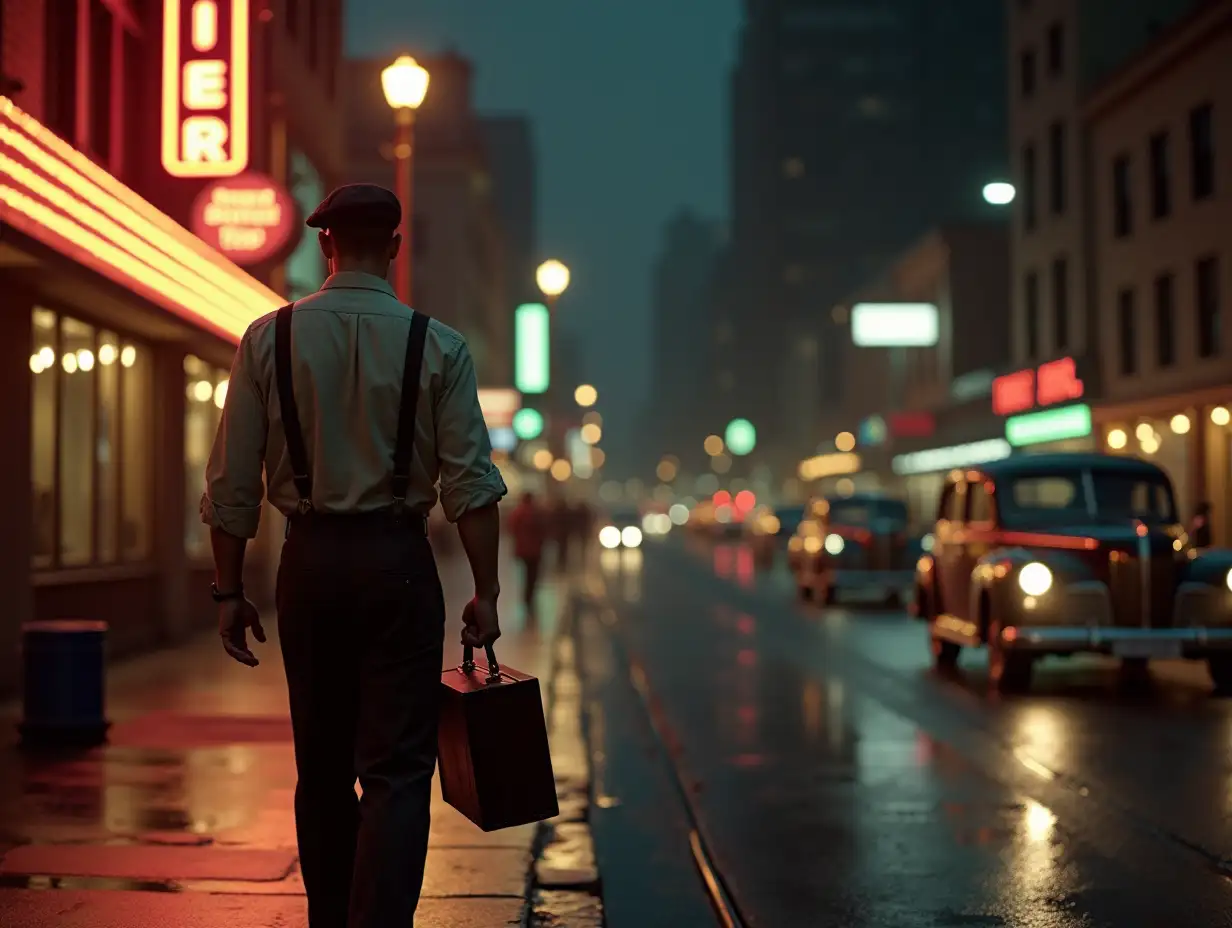 A 1930s American young man walking into a city at night, illuminated by the soft glow of vintage street lamps and neon signs. He wears a button-up shirt with suspenders, high-waisted trousers, and a flat cap, carrying a small leather suitcase in one hand. The street is wet from a recent rain, reflecting the light from a diner sign and the headlights of passing vintage cars. The background features art deco buildings and a trolley in the distance. The mood is mysterious and cinematic, with a photorealistic focus on lighting and textures.