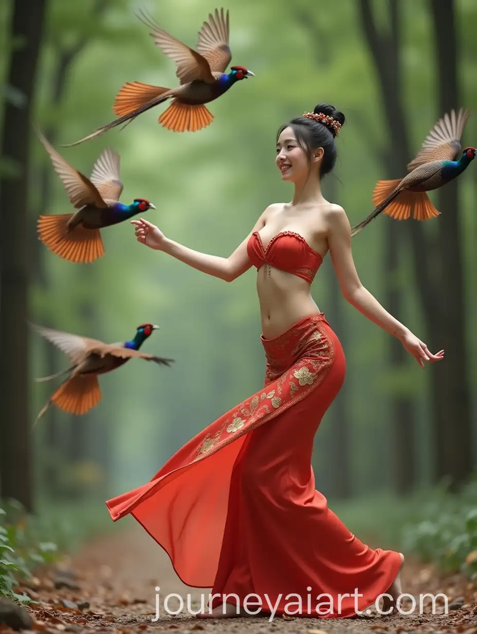 Elegant-Chinese-Woman-Dancing-with-Colorful-Pheasants-in-Forest
