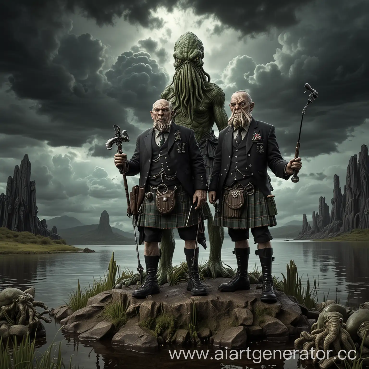 Lovecraftian-Deep-Ones-Fish-People-in-Kilts-and-Tams-Posing-with-Golf-Clubs-in-Front-of-Cthulhu-Idol