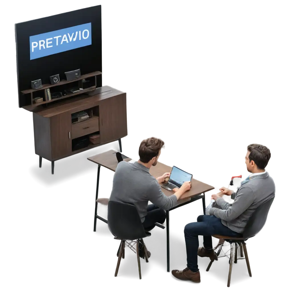 3d image of a lot of people like software developers , ui/ux designer , developers and a background TV screen containing text of Company's name 'Pretavio' with minimal design , classic , professional and etc 