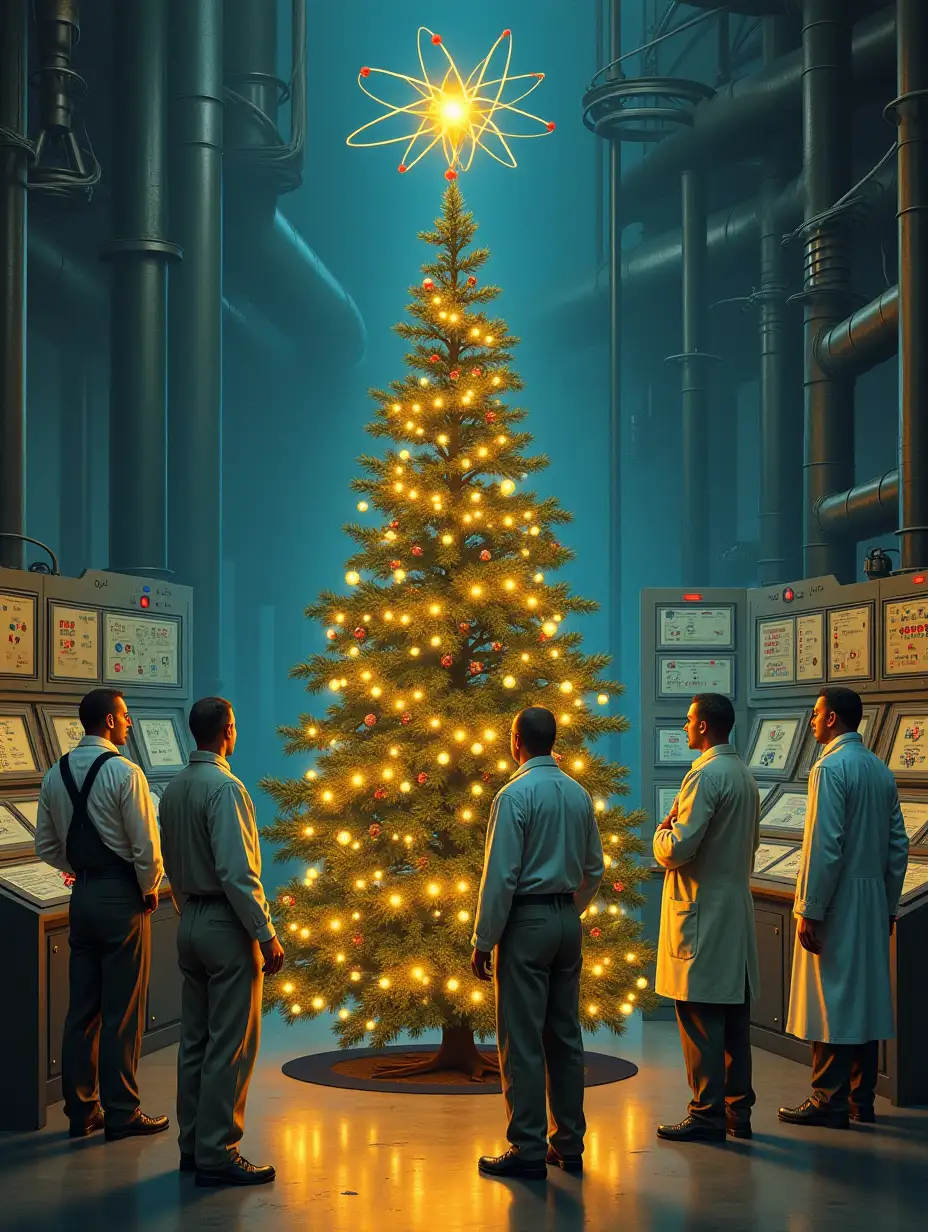 workers in coveralls, scientist in a white lab coat, engineer in special clothing, welder and reactor operator in protective suits with molecules and atoms hanging on a Christmas tree, in the center a glowing model of a uranium atom nucleus with orbitals and electrons on orbitals, solemn atmosphere, in the background paneled controls of a nuclear reactor control panel of an atomic power station with colorful flashing indicators, in an atmosphere of magical light, oil painting style reminiscent of Soviet postcards of the USSR