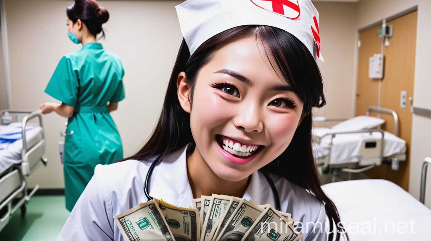 Smiling Japanese Nurse in Hospital with Abundant Wealth