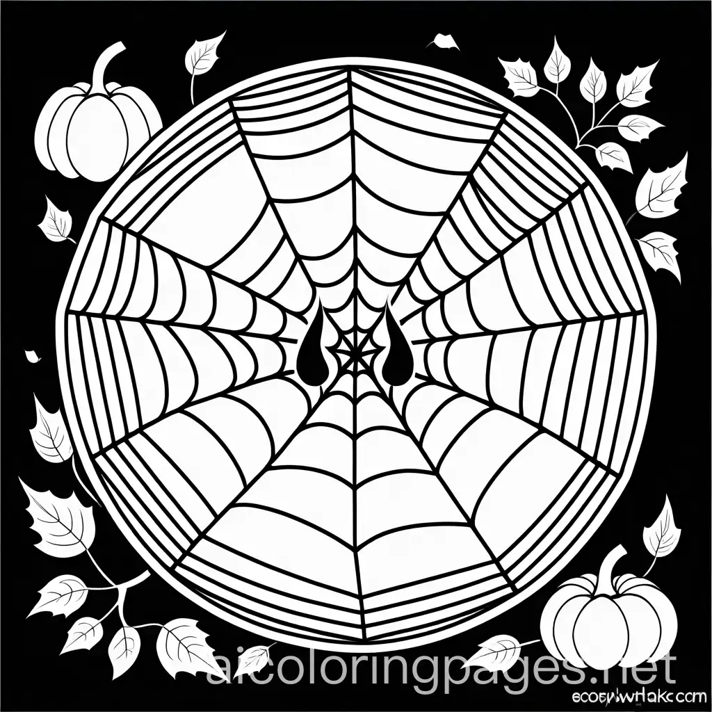 bold and easy spooky spider web and pumpkin coloring page, Coloring Page, black and white, line art, white background, Simplicity, Ample White Space. The background of the coloring page is plain white to make it easy for young children to color within the lines. The outlines of all the subjects are easy to distinguish, making it simple for kids to color without too much difficulty