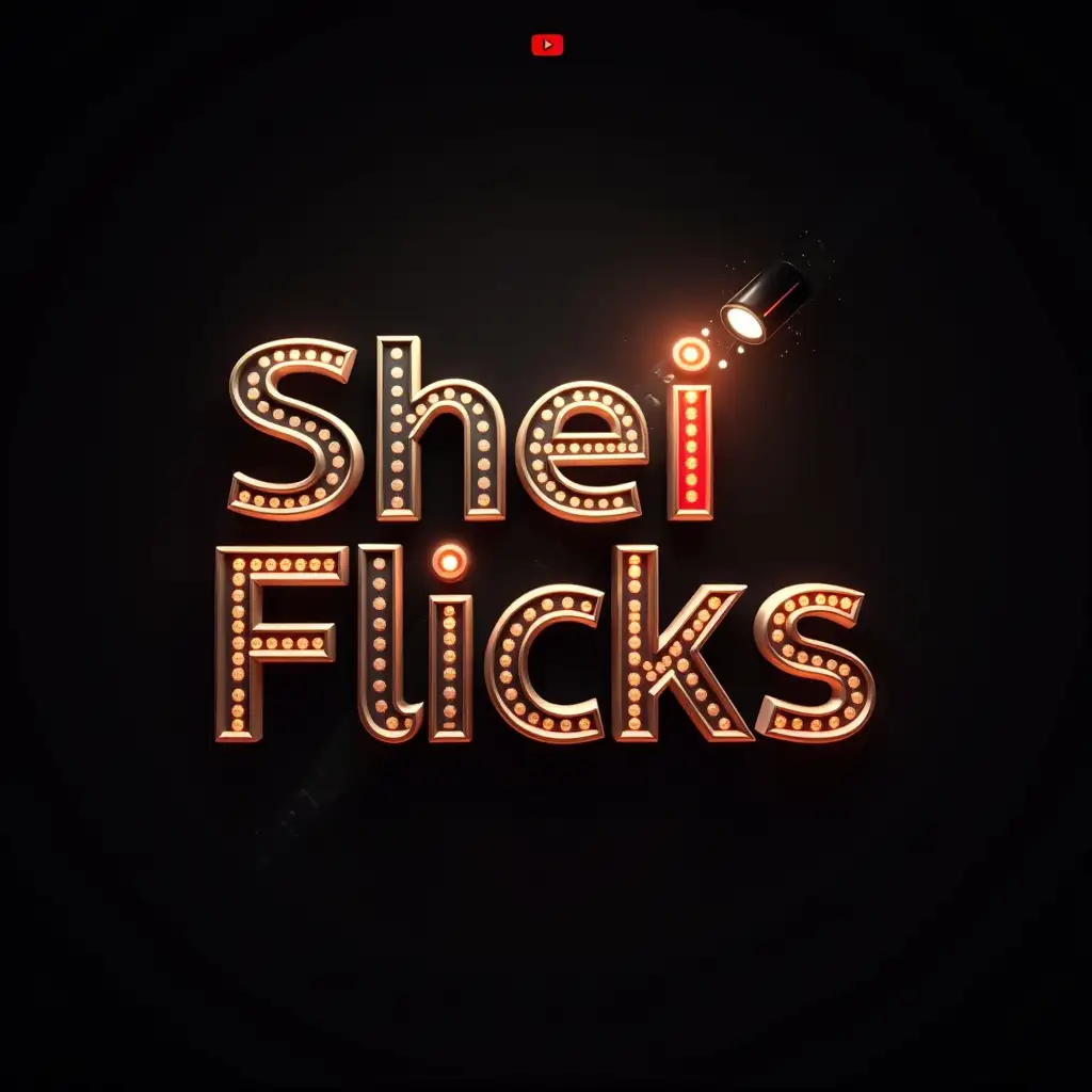 A sleek and modern YouTube channel logo featuring the name 'SheiFlicks' in bold, cinematic-style typography. The text should have a 3D effect with a metallic or neon glow, symbolizing the excitement of movies. Behind the text, a subtle background of a film reel, a clapperboard, or a movie theater spotlight adds depth without overwhelming the logo. The color scheme should include a mix of black, red, and gold to convey a luxurious yet thrilling cinematic feel. The design should be clean, high-definition, and optimized for visibility, even at small sizes. The overall aesthetic should be engaging, professional, and appealing to movie lovers and content creators alike.