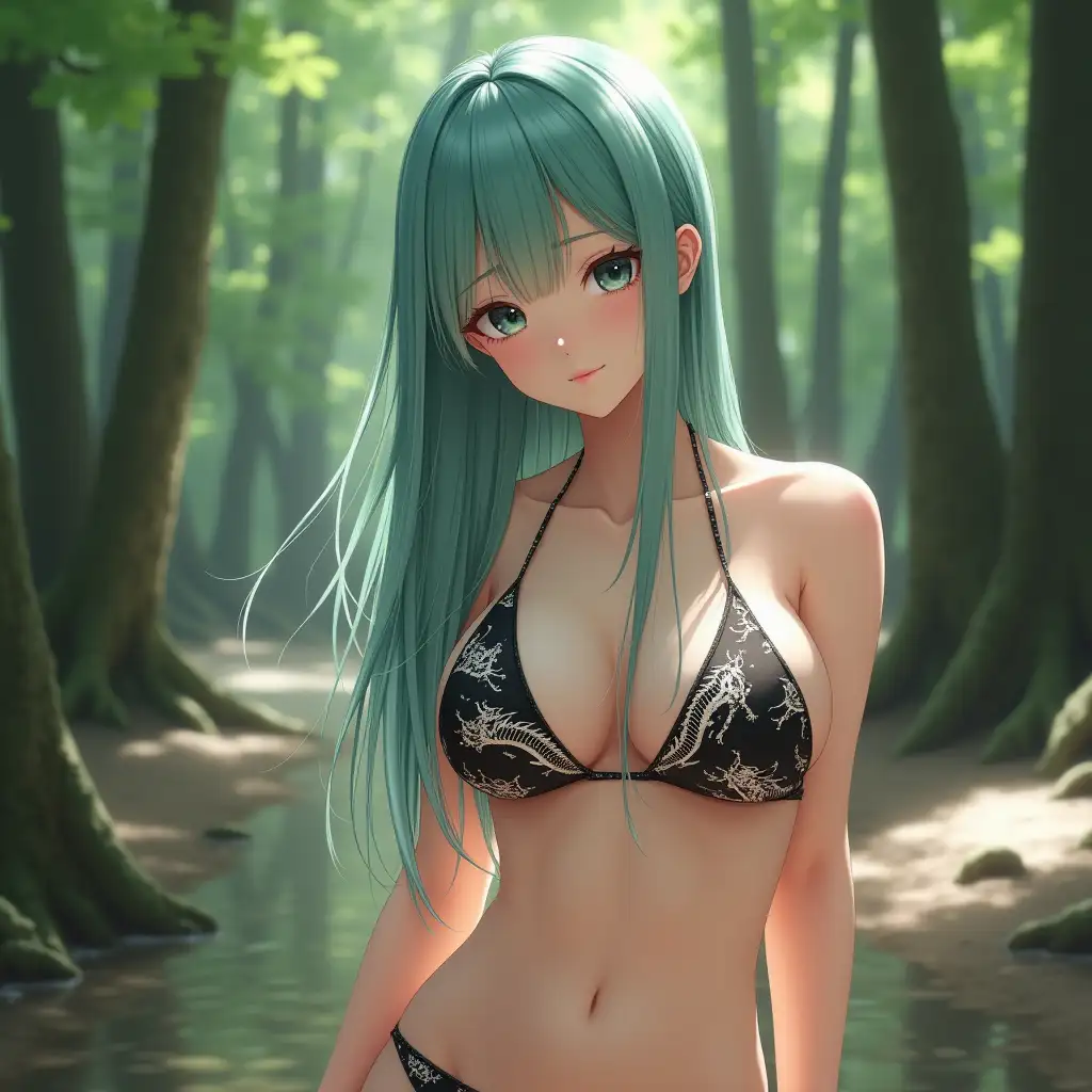 Cute-Japanese-Girl-in-DragonPatterned-Bikini-in-Sunny-Forest-Setting