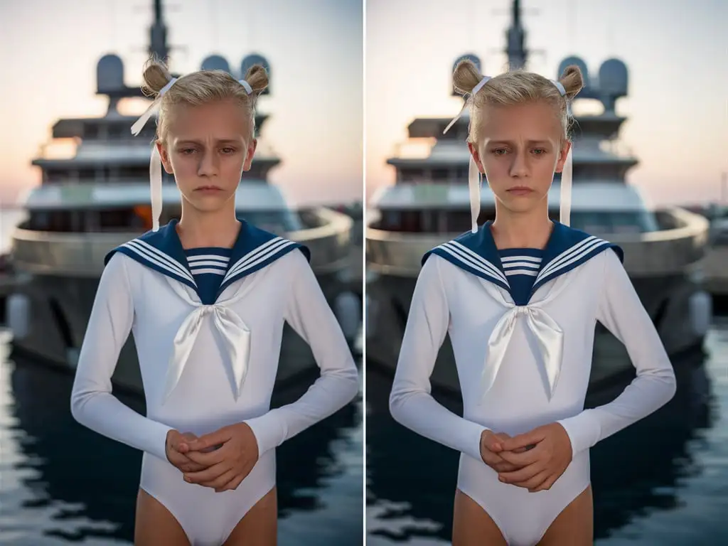 A thin 15 year old blond boy with hair tied in two bunches with white ribbons each side of his head. Wearing white skin-tight shiny sailor leotard. He has bare legs and bare feet. Full length view. Looking sad at camera. He is on a luxury super-yacht