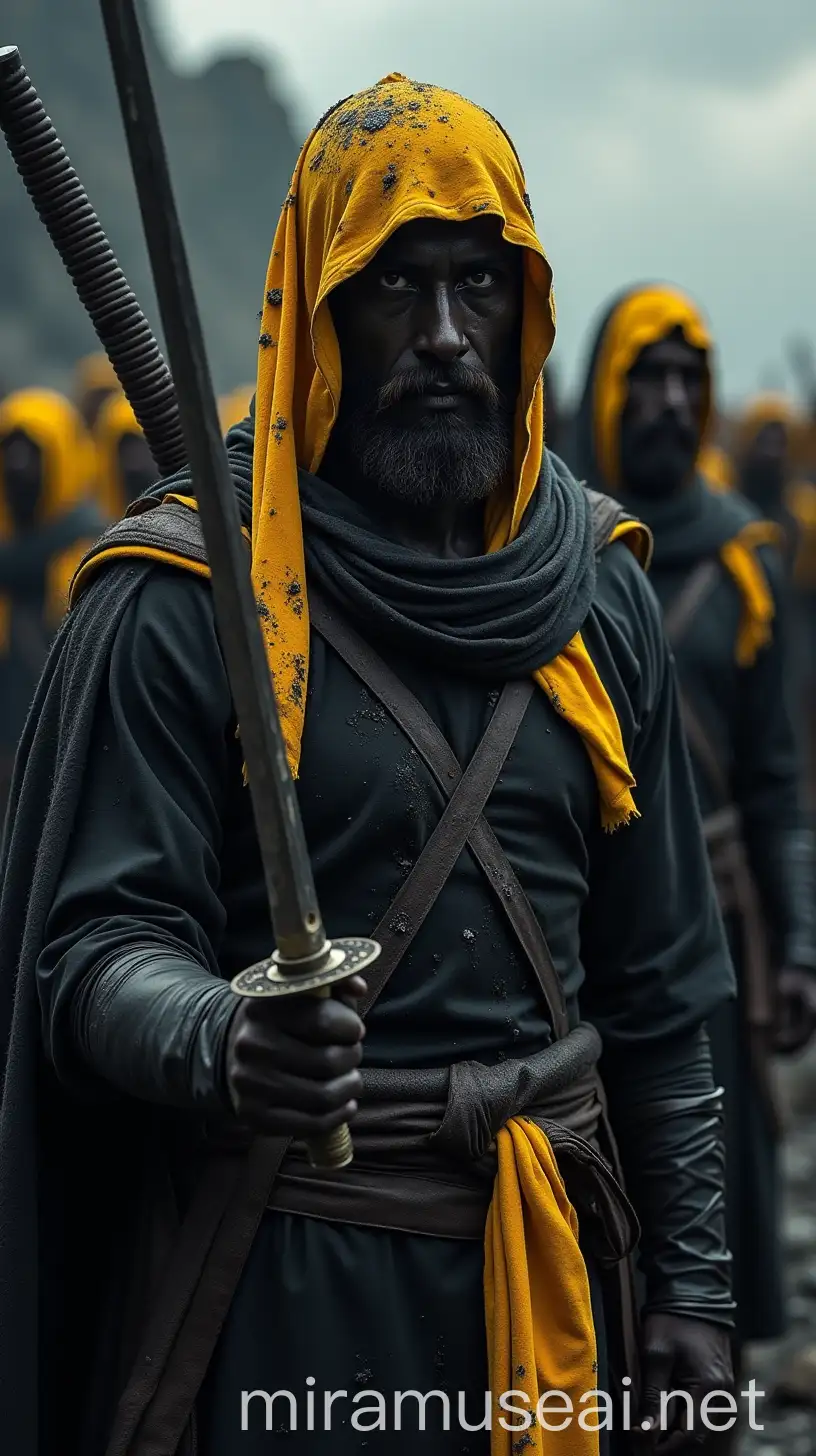 Warriors in Black Attire Amidst Yellow Scarves and Rocky Terrain