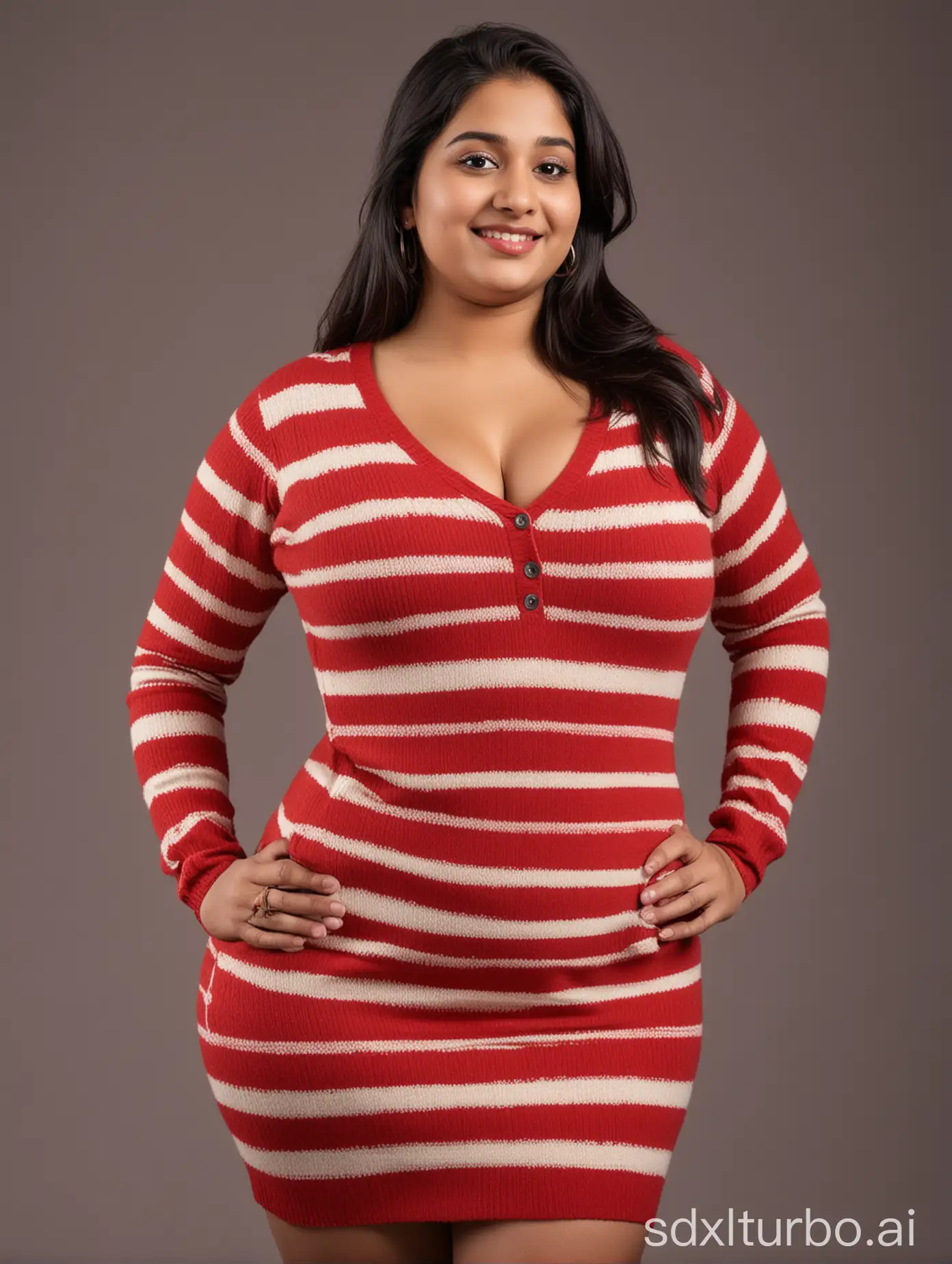 A curvy, voluptuous, beautiful, young, obese Indian woman stands in her long red striped sweater-dress. Her bosom is enormous. Her hips are wide. Her bottom is enormous. Back view. Her triple-chin is prominent. She is shy with a beautiful smile.